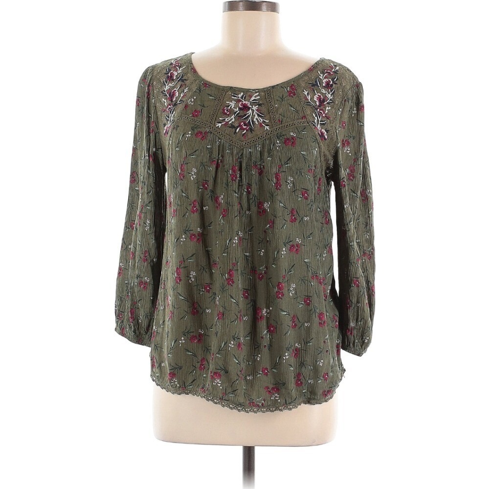 Mason & Belle Floral Embroidered Peasant Blouse Olive Green XS NWT